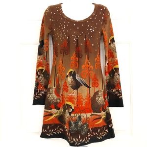 Aryeh Boho Sweater Dress Birds Bunny Rabbit Print